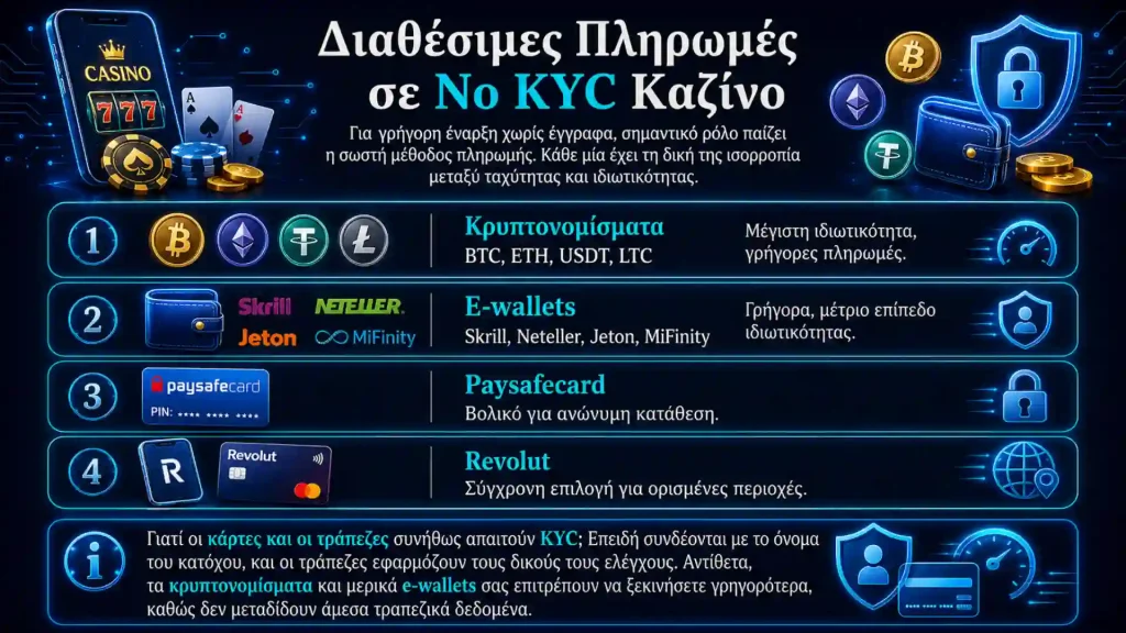 Διαθέσιμες Πληρωμές σε No KYC Καζίνο
